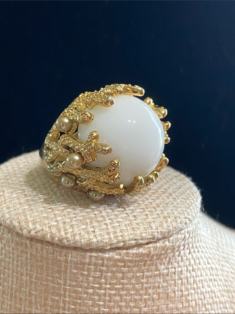 Gold-Tone White Milk Glass Cabochon Cocktail Ring